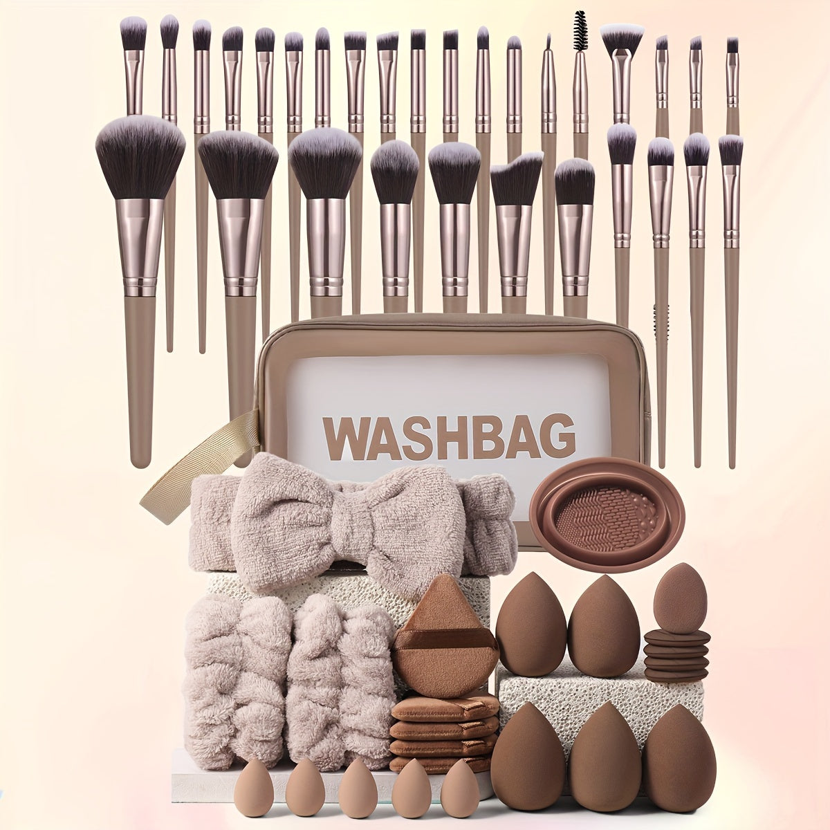 55-Piece Complete Facial Makeup Tool Set – 30 Brushes, Sponges, Powder Puffs, Headband, Wristbands, Toiletry Bag & Cleaning Bowl – Alcohol-Free, Nylon Bristles, Ideal for All Skill Levels